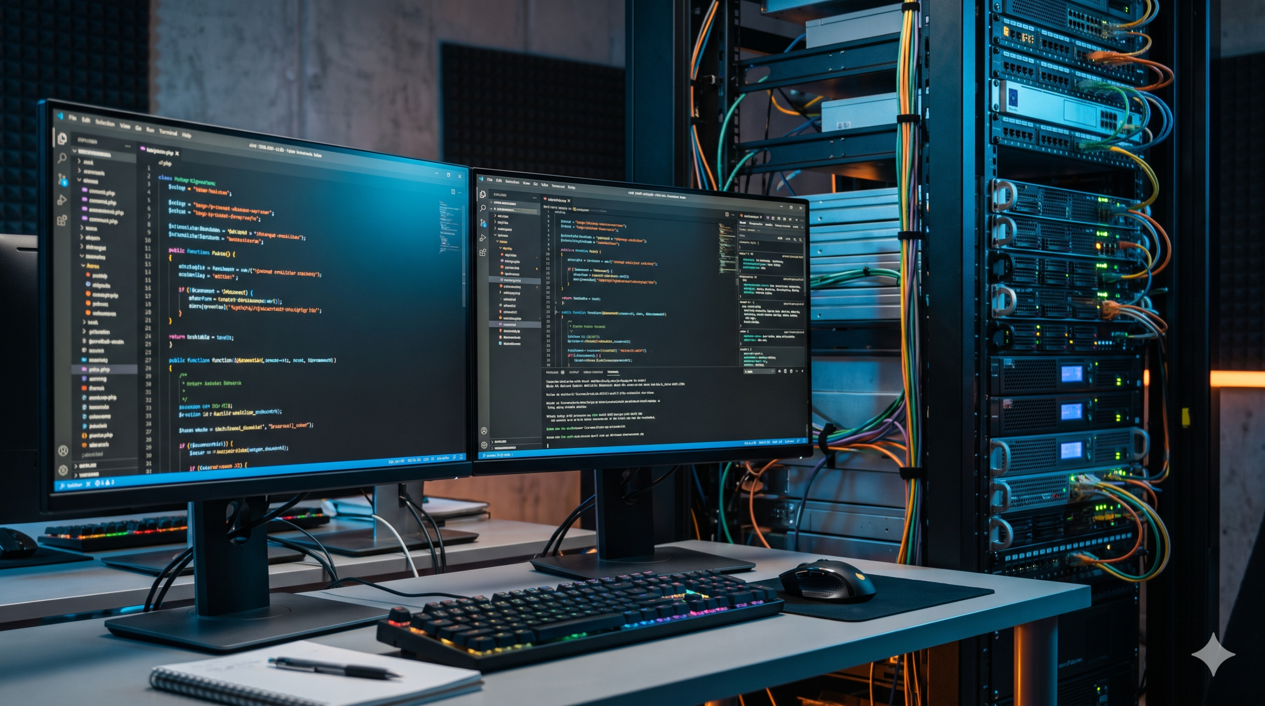 8K photorealistic DSLR close-up of a high-tech illuminated server rack workstation, showing dual monitors displaying clean modern PHP code in dark mode IDE, subtle blue and orange neon ambient lighting, professional developer tech workspace, hyper-detailed, depth of field.